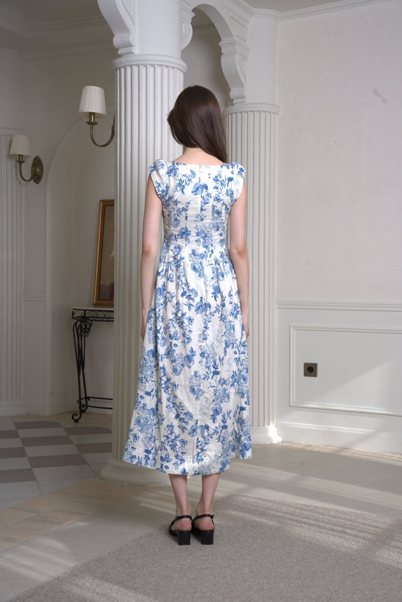 Basset Linen Sundress - White Blue Floral | - ROENE