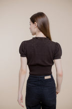 Jacqueline Knit Top with Velvet Bow | Brown - ROENE