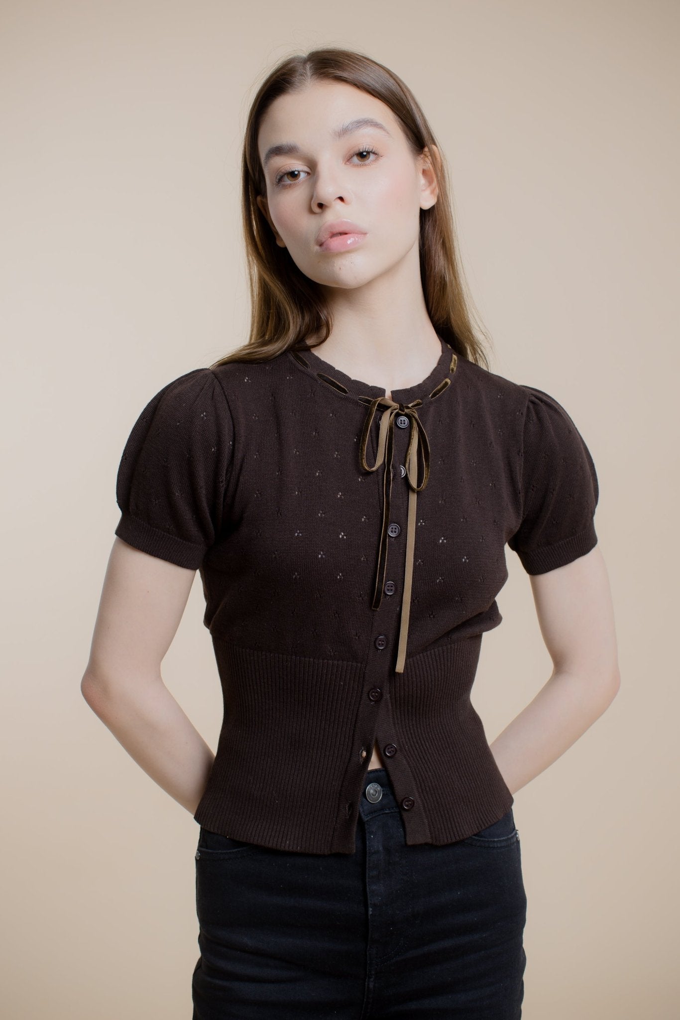 Jacqueline Knit Top with Velvet Bow - Brown | - ROENE