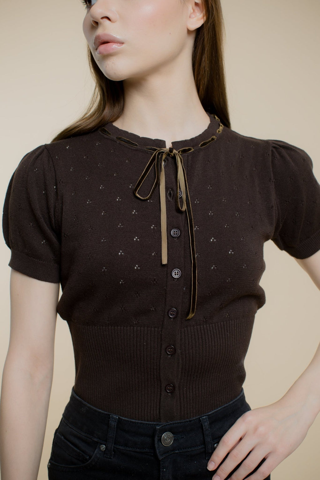 Jacqueline Knit Top with Velvet Bow - Brown | - ROENE