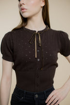 Jacqueline Knit Top with Velvet Bow - Brown | - ROENE