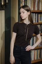 Jacqueline Knit Top with Velvet Bow - Brown | - ROENE