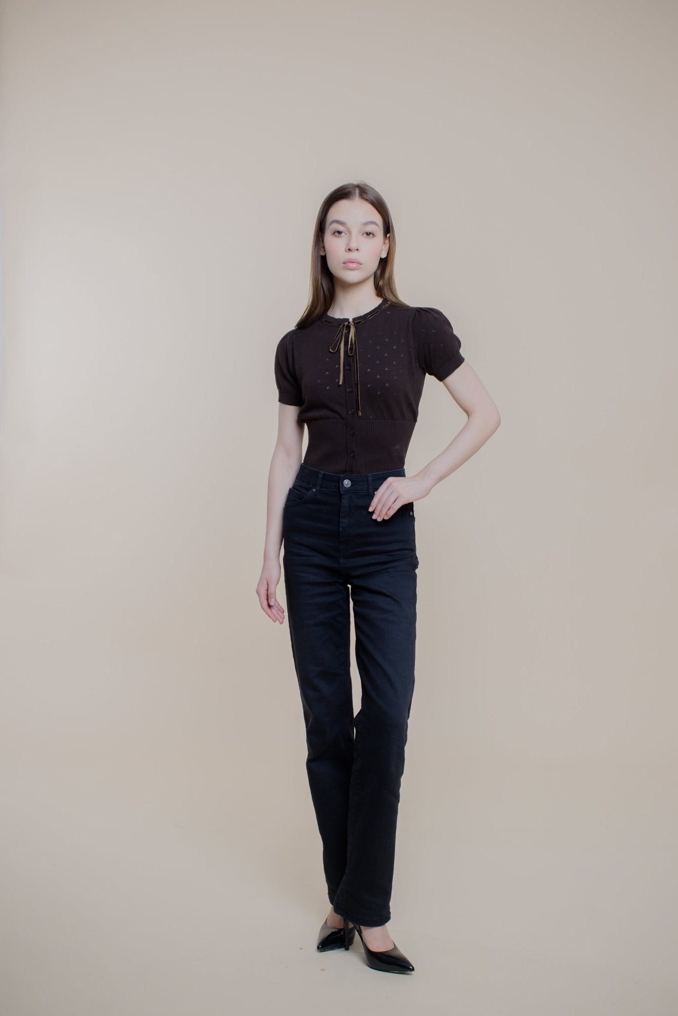 Jacqueline Knit Top with Velvet Bow - Brown | - ROENE