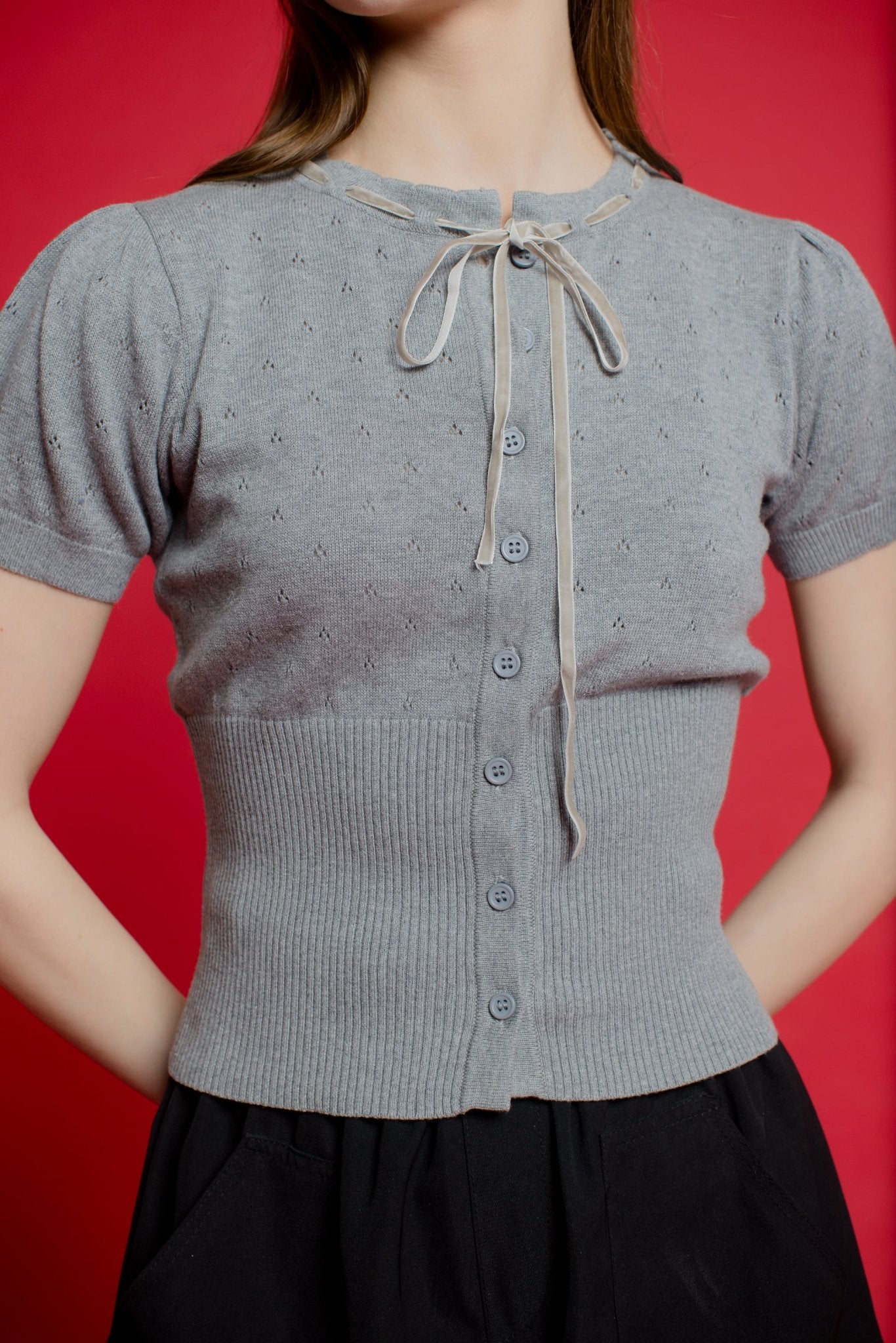 Jacqueline Knit Top with Velvet Bow - Gray | - ROENE