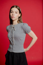 Jacqueline Knit Top with Velvet Bow - Gray | - ROENE