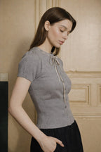 Jacqueline Knit Top with Velvet Bow - Gray | - ROENE