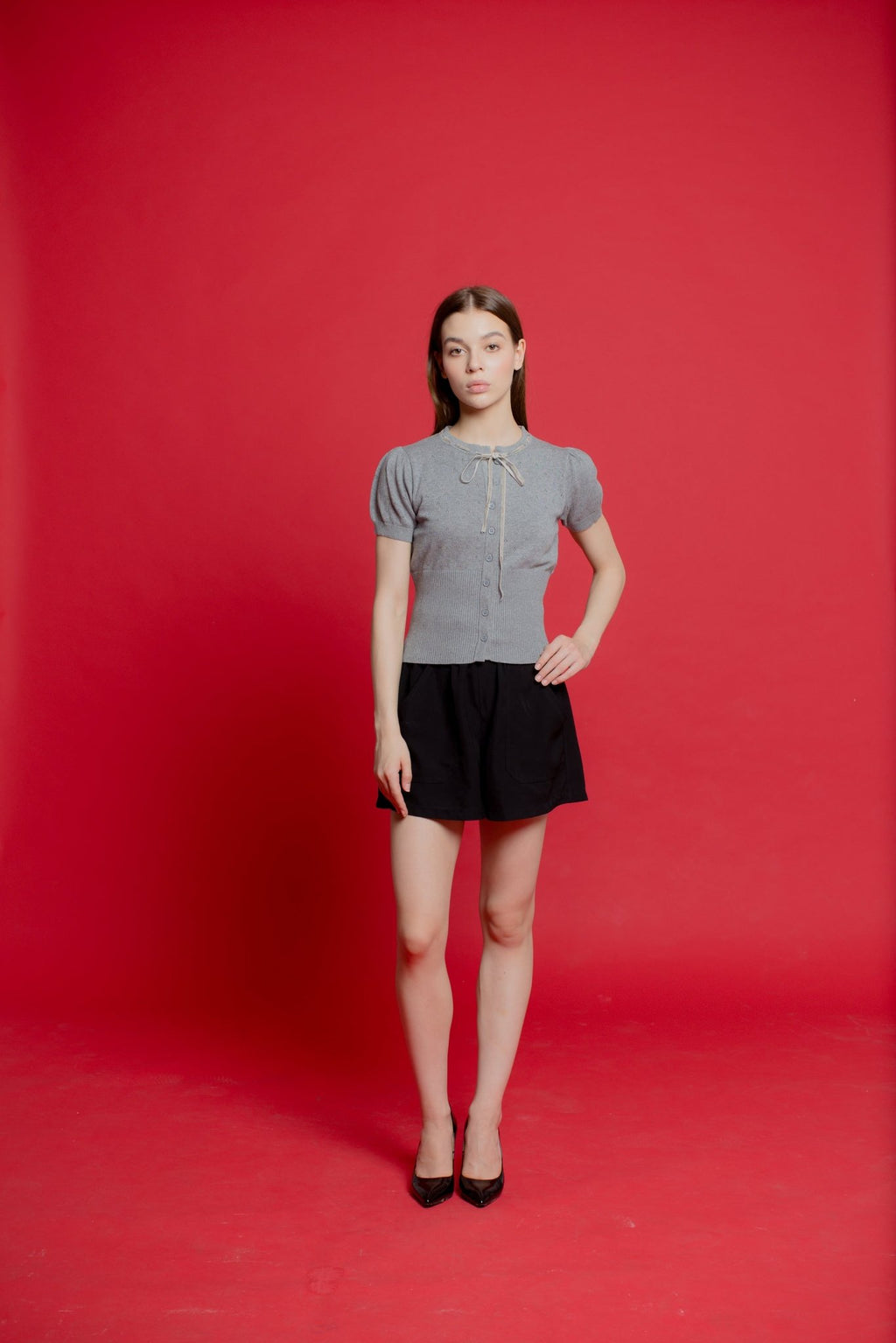 Jacqueline Knit Top with Velvet Bow - Gray | - ROENE