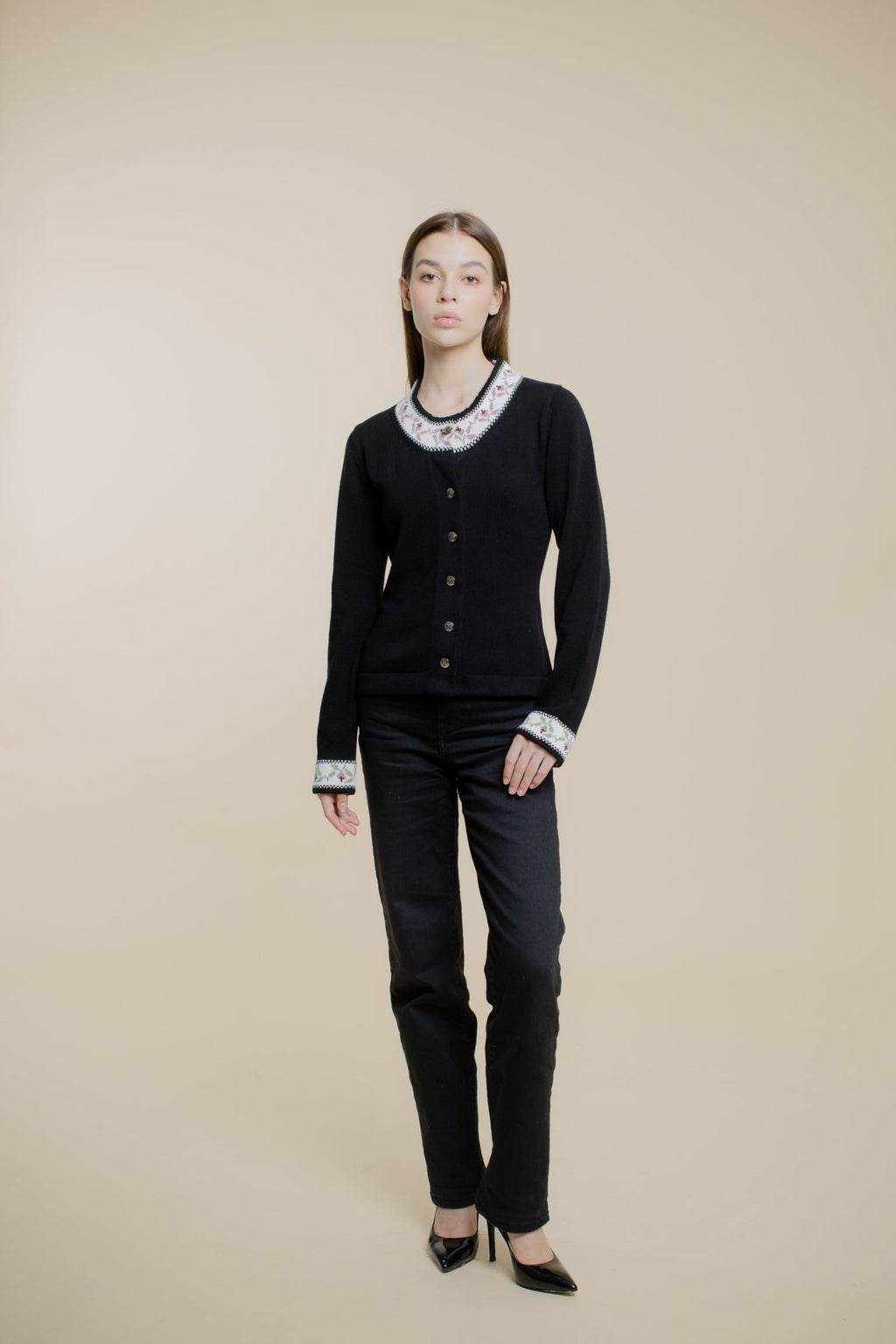 Quarta Knit Black Top with Floral Detail | - ROENE