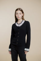 Quarta Knit Black Top with Floral Detail | - ROENE