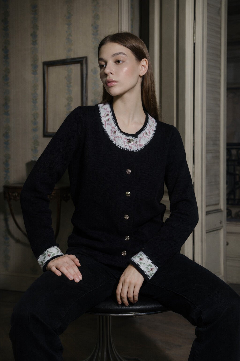 Quarta Knit Black Top with Floral Detail | - ROENE